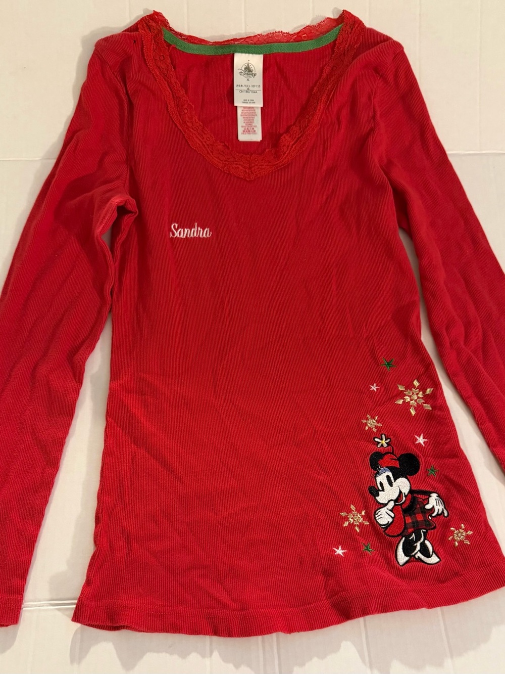 #295 Women’s Disney Red Minnie Mouse Long-Sleeve Top with Embroidered Details